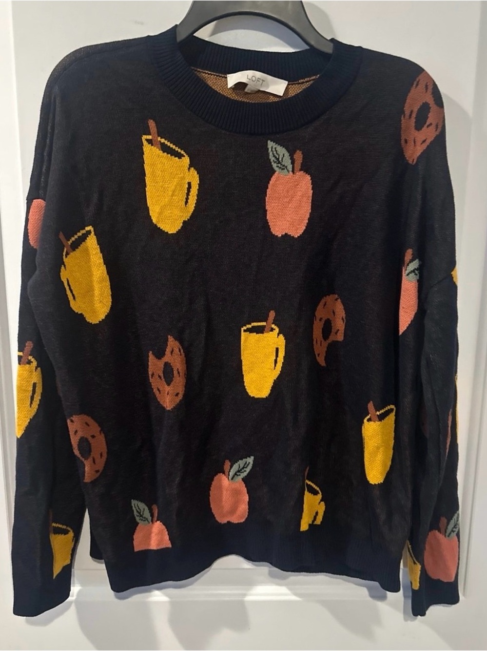 LOFT Black Crewneck Sweater with Apple, Mug & Cookie Motifs